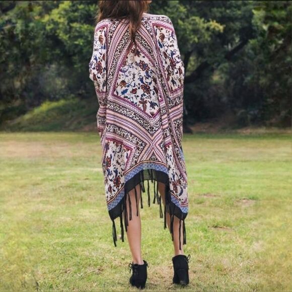 Open Front Bohemian Aztec Diamond Print Tassel Kimono Beach Cover-up Cardigan - Picture 3 of 11